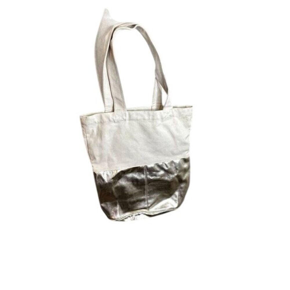 CHARMING CHARLIE Canvas Gold Metallic Bottom Tote Bag with Interior Pocket‎